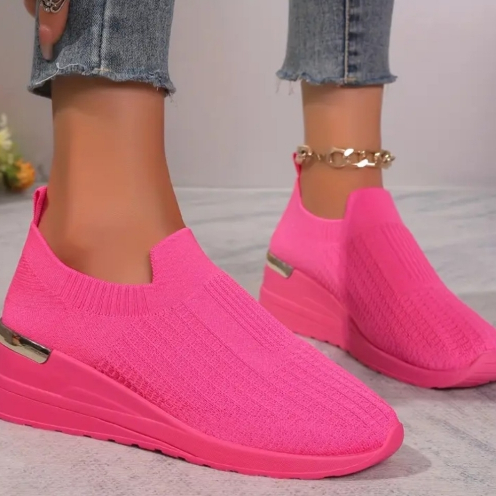 Vibrant Pink Slip-On Sneakers With Gold Trim
